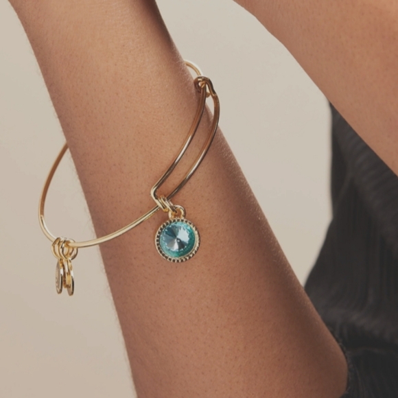 Alex and Ani March Birthstone Charm Blue and Gold Bangle Bracelet - Picture 1 of 5